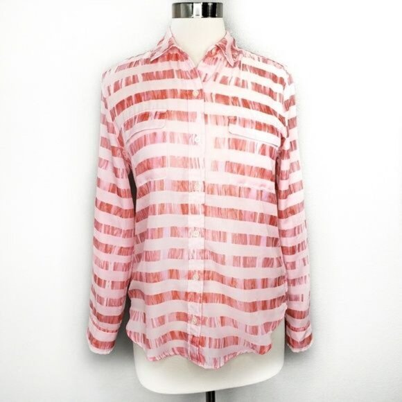 Calvin Klein Womens Sheer Coral Pink‎ Striped Button-Down Blouse S - Picture 8 of 8